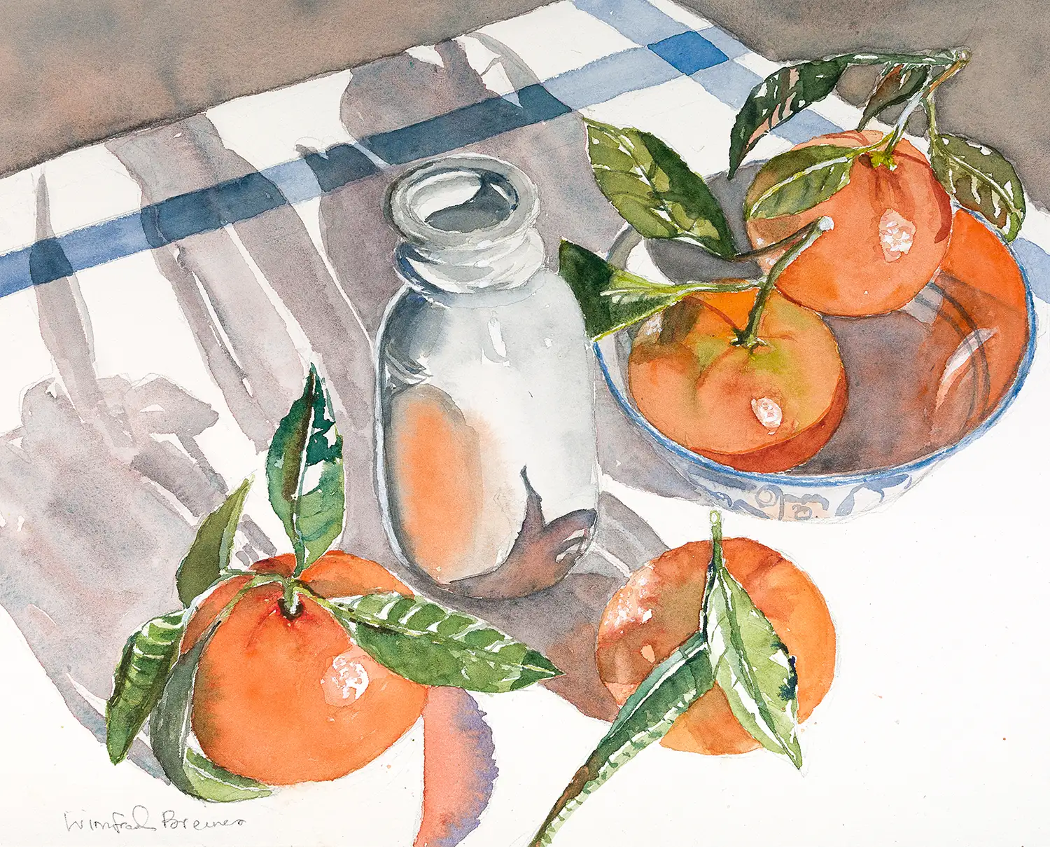 Clementines with Leaves, Bottle and Blue Stripe