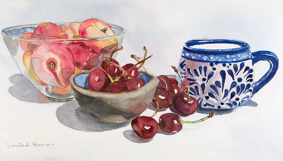 Flat Peaches, Cherries, and Containers by Winifred Breines